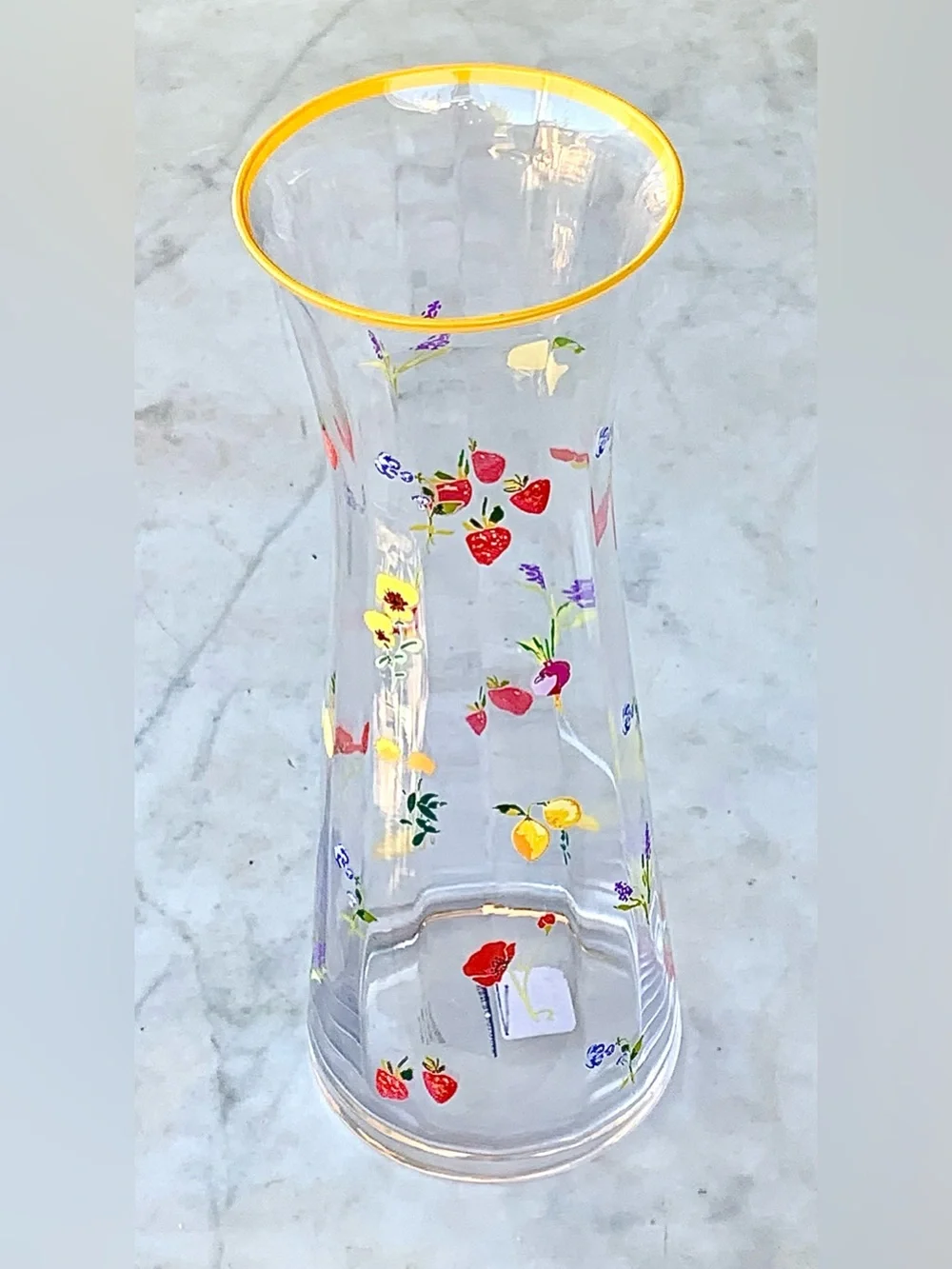 ANTHROPOLOGIE CORDELIA PITCHER CLEAR Glass Vase Yellow Rim and Floral Fruit NEW